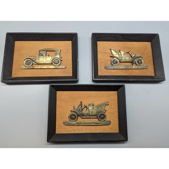 Vintage MCM Brass Auto Plaques Chevy Ford Cadillac Made By KI Japan 5x7 Wood - Picture 1 of 9